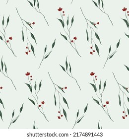 Patrón sin foco con flores pequeñas, hojas sobre ramas de tinta delgadas. Elegante estampado floral, fondo botánico mínimo con plantas pintadas en un campo claro. Ilustración vectorial.