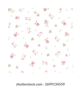 Patrón sin fisuras con Pequeñas flores y hojas sobre fondo blanco. Bonita huella de jardín. Patrón de repetición de estilo sucio. Diseño de superficie con Elementos florales dispersos al azar.