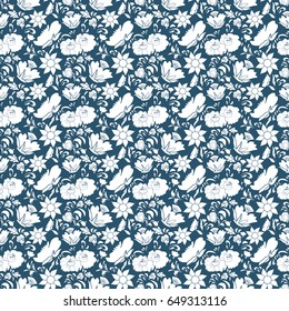 Seamless pattern with small flowers and leaves. Cute, simple background to print on textile, fabric, wallpapers, manufacturing, covers, scrapbooking. Millefleurs liberty style. Vintage, retro style