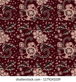 Seamless Pattern with Small Flowers in Liberty Style. Spring Floral Texture with Hand Drawn Doodles. Small Natural Rapport for Chintz, Linen, Calico. Vector Seamless Background with Wild Flowers.