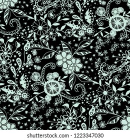 Seamless Pattern with Small Flowers in Liberty Style. Spring Floral Texture with Hand Drawn Doodle Blossoms, Leaves and Buds. Small Natural Rapport for Print, Cotton, Calico. Vector Zentangle.