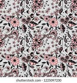 Seamless Pattern with Small Flowers in Liberty Style. Summer Floral Texture with Hand Drawn Doodle Blossoms, Leaves and Buds. Small Natural Rapport for Chintz, Linen, Calico. Vector Zentangle.