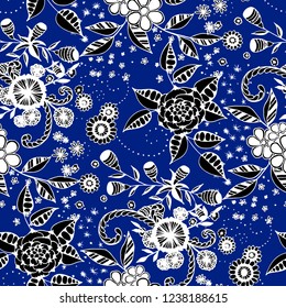 Seamless Pattern with Small Flowers in Liberty Style. Spring Floral Texture with Hand Drawn Doodle Blossoms, Leaves and Buds. Small Natural Rapport for Dress, Print, Cotton. Vector.