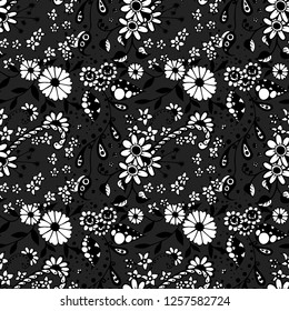 Seamless Pattern with Small Flowers in Liberty Style. Spring Floral Texture with Hand Drawn Doodle Blossoms, Leaves and Buds. Small Natural Rapport for Chintz, Linen, Textile. Vector Zentangle.