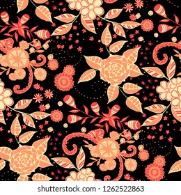 Seamless Pattern with Small Flowers in Liberty Style. Spring Floral Texture with Hand Drawn Doodle Blossoms, Leaves and Buds. Small Natural Rapport for Fabric, Cloth, Textile. Vector.