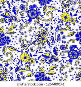 Seamless Pattern with Small Flowers in Liberty Style. Summer Floral Texture with Hand Drawn Doodle Blossoms, Leaves and Buds. Small Natural Rapport for Fabric, Cloth, Textile. Vector Zentangle.
