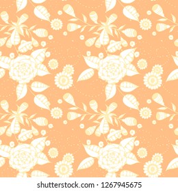 Seamless Pattern with Small Flowers in Liberty Style. Autumn Floral Texture with Hand Drawn Doodle Blossoms, Leaves and Buds. Small Natural Rapport for Print, Cotton, Calico. Vector.