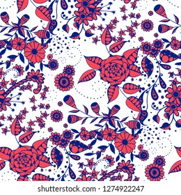 Seamless Pattern with Small Flowers in Liberty Style. Spring Floral Texture with Hand Drawn Doodle Blossoms, Leaves and Buds. Small Natural Rapport for Chintz, Cotton, Calico. Vector.