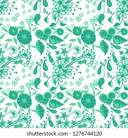 Seamless Pattern with Small Flowers in Liberty Style. Autumn Floral Texture with Hand Drawn Doodle Blossoms, Leaves and Buds. Small Natural Rapport for Chintz, Linen, Calico. Vector Zentangle.