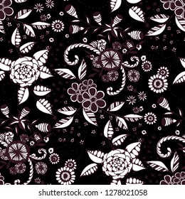 Seamless Pattern with Small Flowers in Liberty Style. Autumn Floral Texture with Hand Drawn Doodle Blossoms, Leaves and Buds. Small Natural Rapport for Dress, Print, Cotton. Vector.