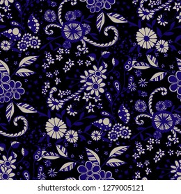 Seamless Pattern with Small Flowers in Liberty Style. Spring Floral Texture with Hand Drawn Doodle Blossoms, Leaves and Buds. Small Natural Rapport for Chintz, Cotton, Calico. Vector Zentangle.
