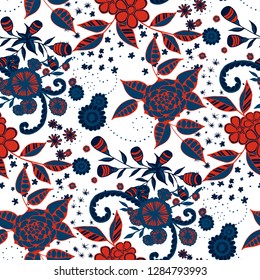Seamless Pattern with Small Flowers in Liberty Style. Summer Floral Texture with Hand Drawn Doodle Blossoms, Leaves and Buds. Small Natural Rapport for Chintz, Linen, Textile. Vector.