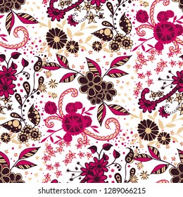 Seamless Pattern with Small Flowers in Liberty Style. Summer Floral Texture with Hand Drawn Doodle Blossoms, Leaves and Buds. Small Natural Rapport for Print, Cotton, Calico. Vector Zentangle.