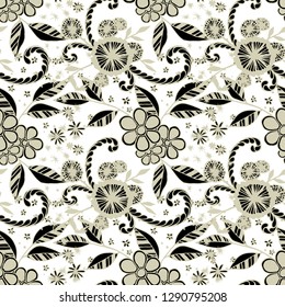 Seamless Pattern with Small Flowers in Liberty Style. Spring Floral Texture with Hand Drawn Doodles. Small Natural Rapport for Dress, Print, Cotton. Vector Seamless Background with Wild Flowers.