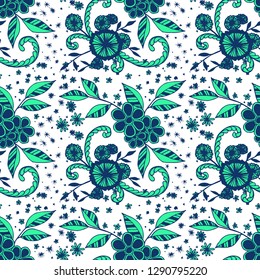 Seamless Pattern with Small Flowers in Liberty Style. Summer Floral Texture with Hand Drawn Doodles. Small Natural Rapport for Chintz, Linen, Textile. Vector Seamless Background with Wild Flowers.