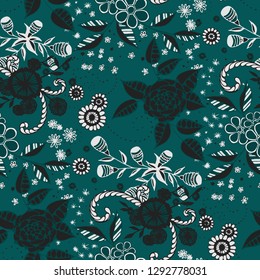 Seamless Pattern with Small Flowers in Liberty Style. Autumn Floral Texture with Hand Drawn Doodle Blossoms, Leaves and Buds. Small Natural Rapport for Dress, Print, Paper. Vector.
