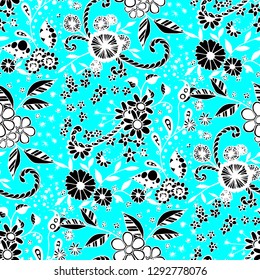 Seamless Pattern with Small Flowers in Liberty Style. Autumn Floral Texture with Hand Drawn Doodle Blossoms, Leaves and Buds. Small Natural Rapport for Dress, Cloth, Paper. Vector Zentangle.