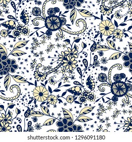 Seamless Pattern with Small Flowers in Liberty Style. Autumn Floral Texture with Hand Drawn Doodle Blossoms, Leaves and Buds. Small Natural Rapport for Chintz, Cotton, Calico. Vector Zentangle.