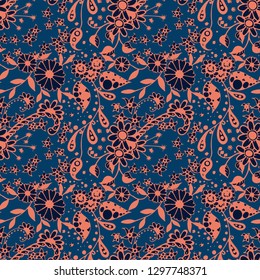 Seamless Pattern with Small Flowers in Liberty Style. Spring Floral Texture with Hand Drawn Doodle Blossoms, Leaves and Buds. Small Natural Rapport for Fabric, Cloth, Textile. Vector Zentangle.
