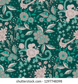 Seamless Pattern with Small Flowers in Liberty Style. Spring Floral Texture with Hand Drawn Doodle Blossoms, Leaves and Buds. Small Natural Rapport for Chintz, Linen, Calico. Vector Zentangle.