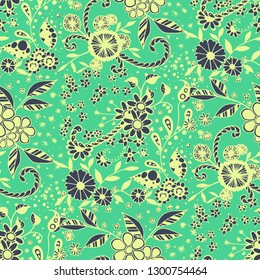 Seamless Pattern with Small Flowers in Liberty Style. Autumn Floral Texture with Hand Drawn Doodle Blossoms, Leaves and Buds. Small Natural Rapport for Fabric, Cloth, Paper. Vector Zentangle.