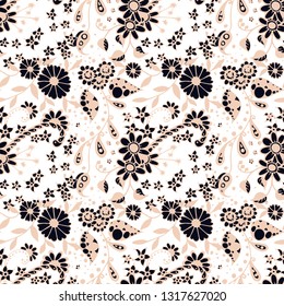 Seamless Pattern with Small Flowers in Liberty Style. Autumn Floral Texture with Hand Drawn Doodle Blossoms, Leaves and Buds. Small Natural Rapport for Chintz, Linen, Textile. Vector Zentangle.