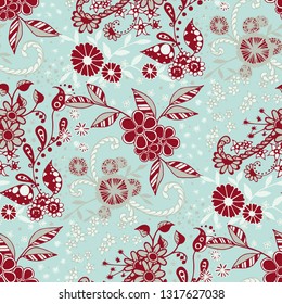 Seamless Pattern with Small Flowers in Liberty Style. Spring Floral Texture with Hand Drawn Doodle Blossoms, Leaves and Buds. Small Natural Rapport for Dress, Print, Paper. Vector Zentangle.