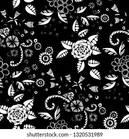 Seamless Pattern with Small Flowers in Liberty Style. Spring Floral Texture with Hand Drawn Doodle Blossoms, Leaves and Buds. Small Natural Rapport for Dress, Cloth, Paper. Vector.