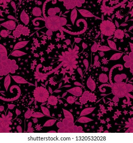 Seamless Pattern with Small Flowers in Liberty Style. Autumn Floral Texture with Hand Drawn Doodle Blossoms, Leaves and Buds. Small Natural Rapport for Dress, Cloth, Paper. Vector Zentangle.