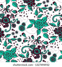 Seamless Pattern with Small Flowers in Liberty Style. Spring Floral Texture with Hand Drawn Doodle Blossoms, Leaves and Buds. Small Natural Rapport for Chintz, Linen, Calico. Vector.