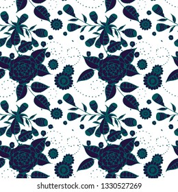 Seamless Pattern with Small Flowers in Liberty Style. Autumn Floral Texture with Hand Drawn Doodle Blossoms, Leaves and Buds. Small Natural Rapport for Fabric, Cloth, Paper. Vector.