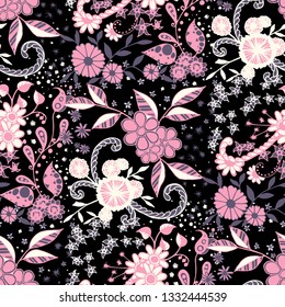Seamless Pattern with Small Flowers in Liberty Style. Spring Floral Texture with Hand Drawn Doodle Blossoms, Leaves and Buds. Small Natural Rapport for Dress, Cloth, Paper. Vector Zentangle.