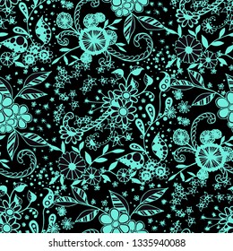 Seamless Pattern with Small Flowers in Liberty Style. Autumn Floral Texture with Hand Drawn Doodle Blossoms, Leaves and Buds. Small Natural Rapport for Fabric, Cloth, Paper. Vector Zentangle.