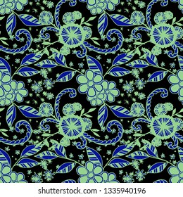 Seamless Pattern with Small Flowers in Liberty Style. Autumn Floral Texture with Hand Drawn Doodles. Small Natural Rapport for Dress, Print, Cotton. Vector Seamless Background with Wild Flowers.