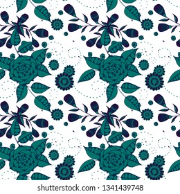 Seamless Pattern with Small Flowers in Liberty Style. Spring Floral Texture with Hand Drawn Doodle Blossoms, Leaves and Buds. Small Natural Rapport for Fabric, Cloth, Paper. Vector.