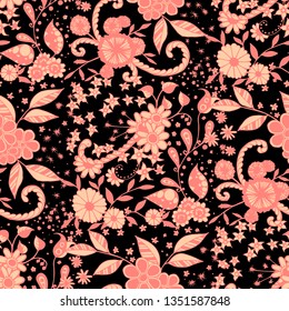 Seamless Pattern with Small Flowers in Liberty Style. Spring Floral Texture with Hand Drawn Doodle Blossoms, Leaves and Buds. Small Natural Rapport for Chintz, Linen, Calico. Vector Zentangle.