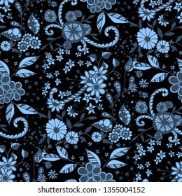 Seamless Pattern with Small Flowers in Liberty Style. Autumn Floral Texture with Hand Drawn Doodle Blossoms, Leaves and Buds. Small Natural Rapport for Print, Cotton, Calico. Vector Zentangle.