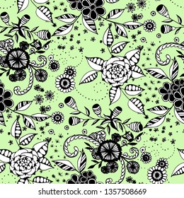 Seamless Pattern with Small Flowers in Liberty Style. Summer Floral Texture with Hand Drawn Doodle Blossoms, Leaves and Buds. Small Natural Rapport for Chintz, Linen, Calico. Vector.