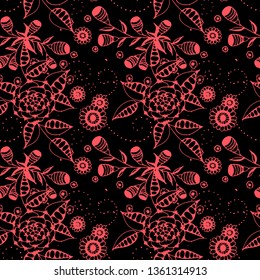 Seamless Pattern with Small Flowers in Liberty Style. Autumn Floral Texture with Hand Drawn Doodle Blossoms, Leaves and Buds. Small Natural Rapport for Dress, Print, Paper. Vector.