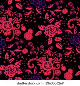 Seamless Pattern with Small Flowers in Liberty Style. Autumn Floral Texture with Hand Drawn Doodle Blossoms, Leaves and Buds. Small Natural Rapport for Print, Cotton, Calico. Vector.