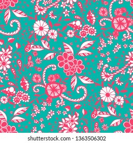 Seamless Pattern with Small Flowers in Liberty Style. Summer Floral Texture with Hand Drawn Doodle Blossoms, Leaves and Buds. Small Natural Rapport for Fabric, Cloth, Textile. Vector Zentangle.