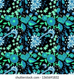 Seamless Pattern with Small Flowers in Liberty Style. Autumn Floral Texture with Hand Drawn Doodle Blossoms, Leaves and Buds. Small Natural Rapport for Chintz, Linen, Calico. Vector Zentangle.