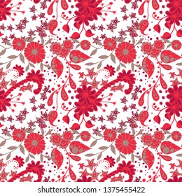 Seamless Pattern with Small Flowers in Liberty Style. Spring Floral Texture with Hand Drawn Doodle Blossoms, Leaves and Buds. Small Natural Rapport for Chintz, Linen, Calico. Vector Zentangle.