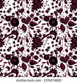 Seamless Pattern with Small Flowers in Liberty Style. Spring Floral Texture with Hand Drawn Doodle Blossoms, Leaves and Buds. Small Natural Rapport for Print, Cotton, Calico. Vector Zentangle.