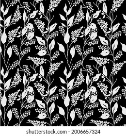 Seamless Pattern with small flowers in liberty style in outline on black  background , Seamless pattern with line art hand drawn illustration of wild flowers vector .