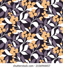 Seamless pattern with small flowers, lush foliage on long stems. Abstract ornate composition of plants, flowers, leaves on a dark background. Elegant floral print in vector.