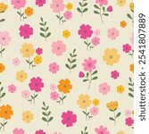 Seamless pattern with small flowers on cream color background. Hand drawn floral pattern for your fabric, summer background, wallpaper, backdrop, textile. Vector illustration