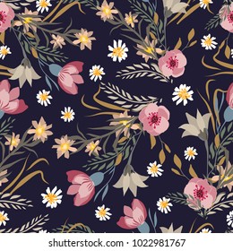 Seamless pattern with small flowers on a dark background.Modern fashionable  texture for fabric, wallpaper, interior, print, textiles, packaging and various types of design. Trendy floral vector