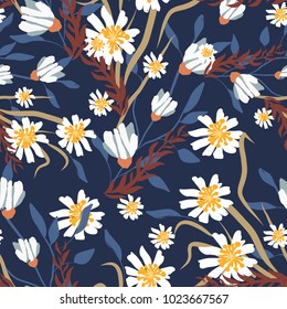Seamless pattern with small flowers on a dark background. Modern and Trendy fashionable floral texture for fabric, wallpaper, interior, tiles, print, textiles, packaging and various types of design.  