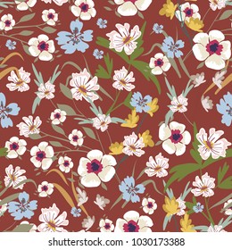 Seamless pattern with small flowers on a bordo red background. Modern fashionable floral texture for fabric, wallpaper, interior, tiles, print, textiles, packaging. Trendy vector design